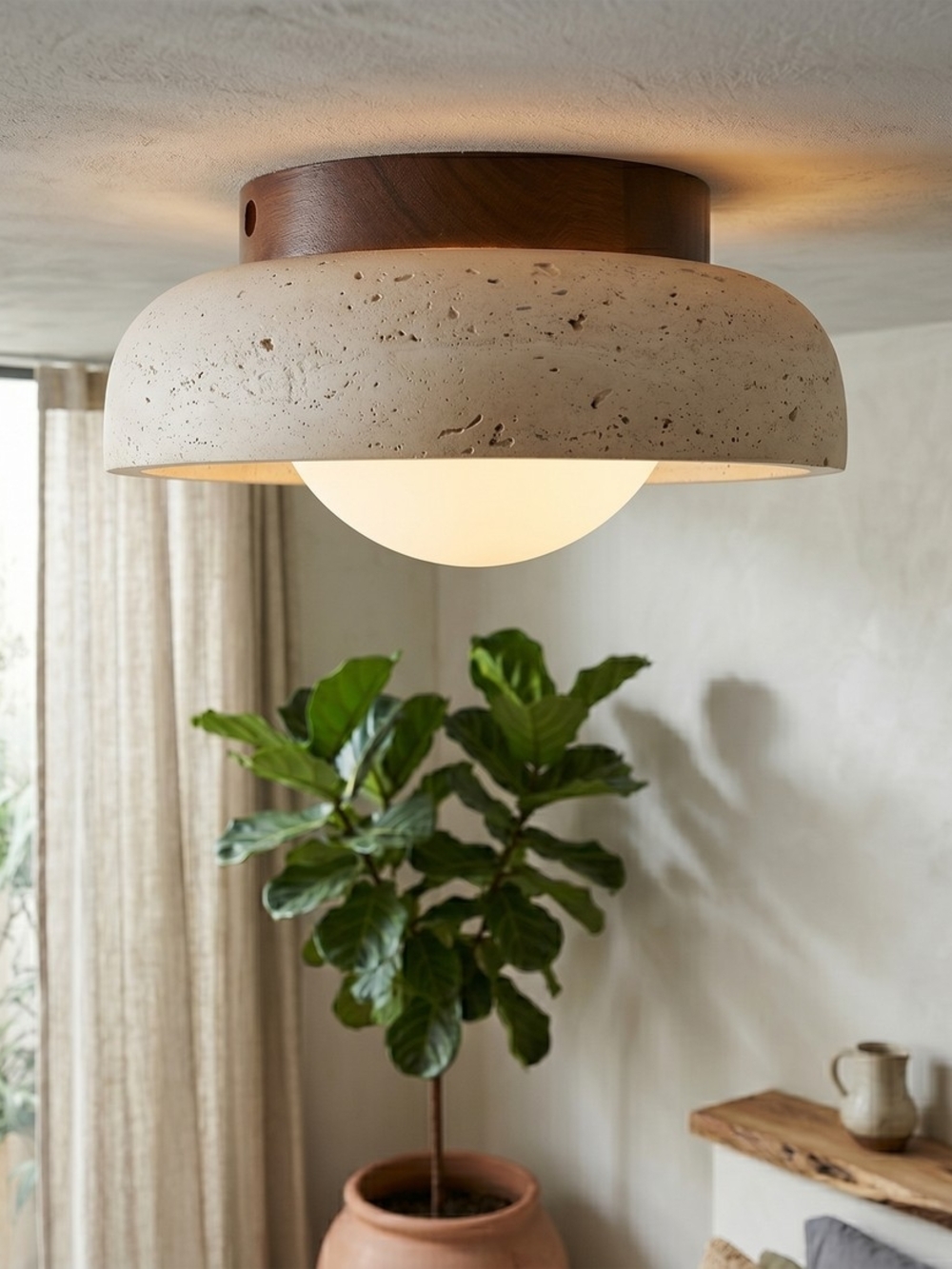 Radilum Piedra Travertine Ceiling Lamp Semi-Flush Mount Ceramic with Wood